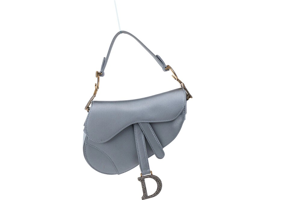 Christian Dior Gray Green Satin Crystal Mini Saddle Shoulder Bag with Gold Hardw